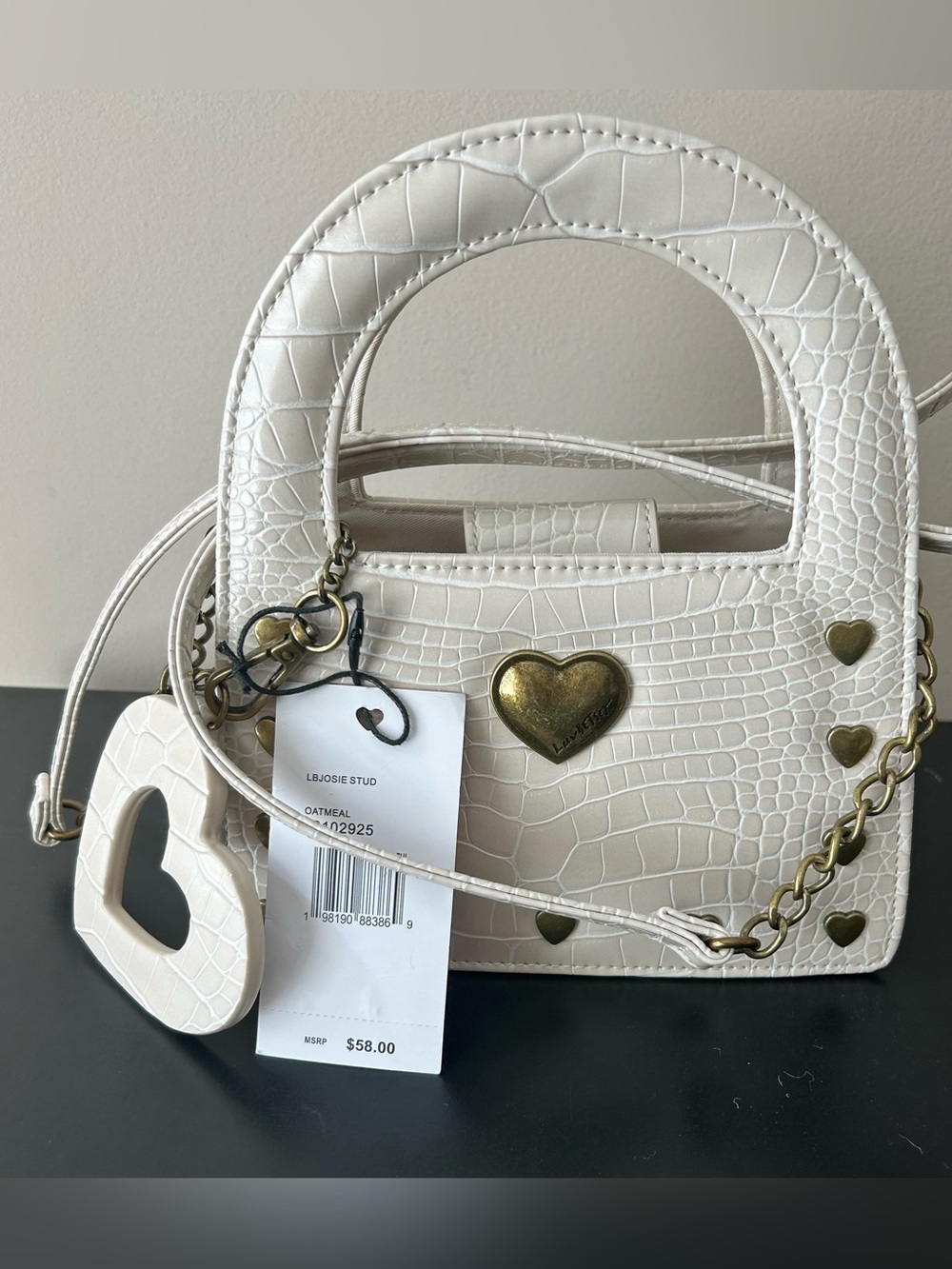NWT Betsey Johnson Oatmeal Croc-Embossed Mini Satchel with Gold Hearts